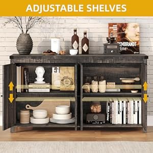 DWVO 55 Sideboard Buffet Cabinet with Storage Farmhouse Kitchen Storage Cabinet with 4 Doors Large Coffee Bar Cabinet with Adjustable Shelves for Kitchen Living Room Dark Oak