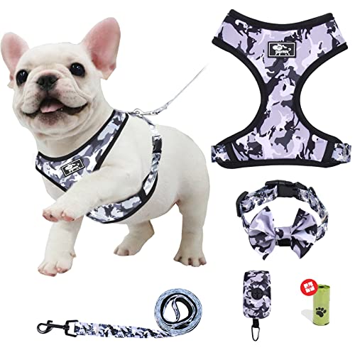 Dog-Harness-and-Leash-Set-for-Small-Dogs-Adjustable-Reflective-No-Pull-Dog-Vest-Harness-for-Puppy-with-Bow-tie-Collar-Leash-and-Poop-Bag-S-Grey-Camouflage