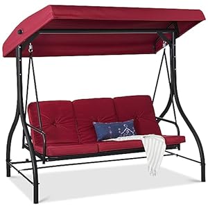 Best Choice Products 3-Seat Outdoor Large Converting Canopy Swing Glider, Patio Hammock Lounge Chair for Porch, Backyard w/Flatbed, Adjustable Shade, Removable Cushions – Burgundy