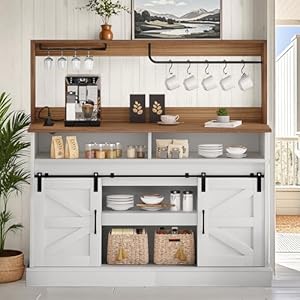 YITAHOME 52" Farmhouse Coffee Bar Cabinet with Storage, Buffet Cabinet with Goblet Holder, 5 Hooks, Power Outlets, Sideboard Cabinet with Sliding Barn Doors for Kitchen & Living Room (White) YITAHOME 52 Farmhouse Coffee Bar Cabinet with Storage Buffet Cabinet with Goblet Holder 5 Hooks Power Outlets Sideboard Cabinet with Sliding Barn Doors for Kitchen Living Room White