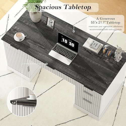 55-Farmhouse-Executive-Desk-Wood-Home-Office-Desks-with-Drawers-Computer-Desk-with-Storage-Cabinet-and-Adjustable-Shelf-Fluted-Writing-Desks-for-Study-Living-Room-Antique-White 55 Farmhouse Executive Desk Wood Home Office Desks with Drawers Computer Desk with Storage Cabinet and Adjustable Shelf Fluted Writing Desks for Study Living Room Antique White