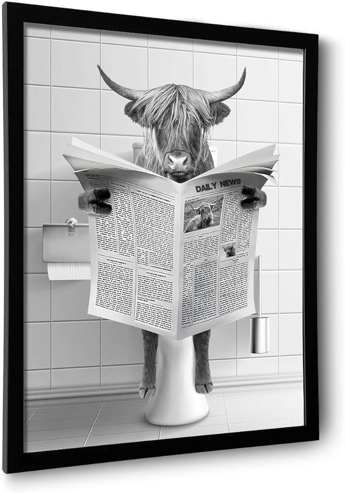 Framed Highland Cow Wall Art, Bathroom Decor Wall Art, Vintage Black and White Wall Art, Funny Bathroom Wall Art Signs, Humor Animals Bathroom Artwork, Cute Canvas Print Ready to Hang