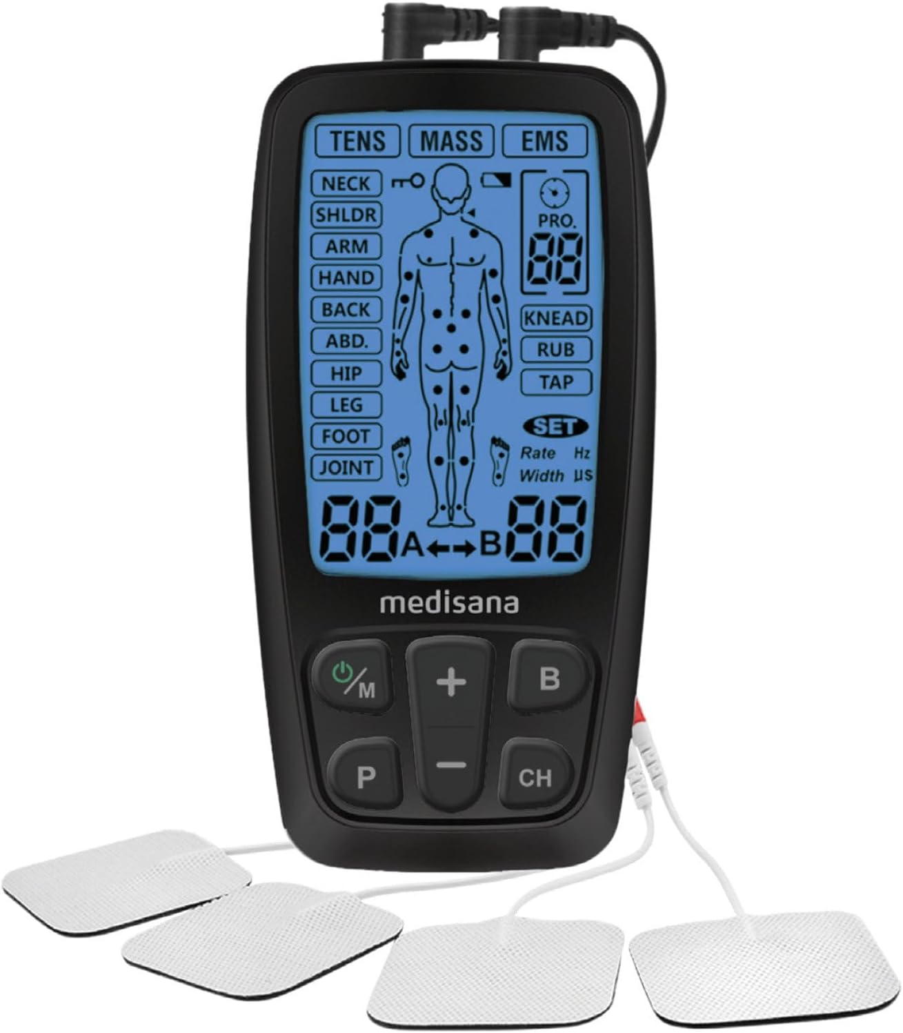 Elektrotherapiegerät zur Schmerztherapie mit 4 Elektrodenpads, Reizstromgerät zur Muskelentspannung, Muskelaufbau und Schmerzlinderung