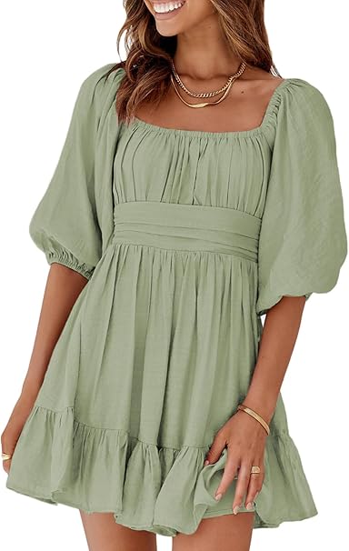 Dokotoo Womens Summer Dresses Square Neck Tie Back Lantern Sleeve Ruffle A-Line Casual Dress