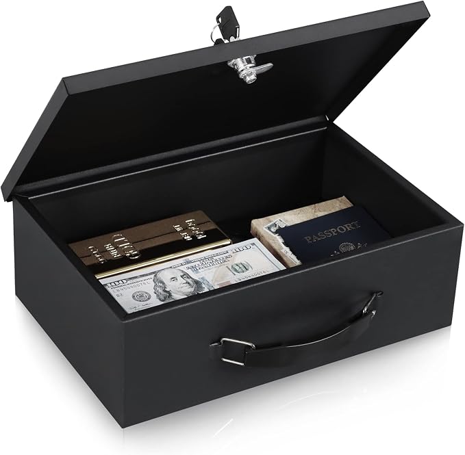 KYODOLED Fireproof Document Box with Key Lock, Small Lock Boxes for Personal Items, Fire and Water Resistance, Fireproof Safe Box for Documents, Jewelry, Passport, Cash, 12.6'' x 8.3'' x 4.3'' Black
