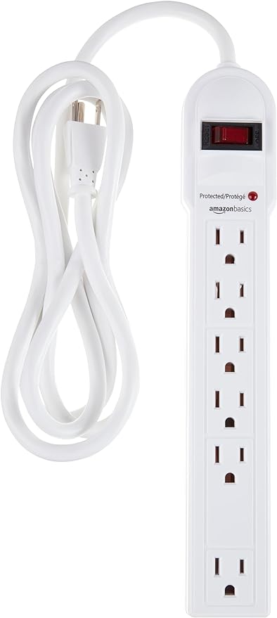 Amazon Basics Surge Protector Power Strip with 6ft Extension Cord, 6-Outlet, 790J Protection, Rectangle, White