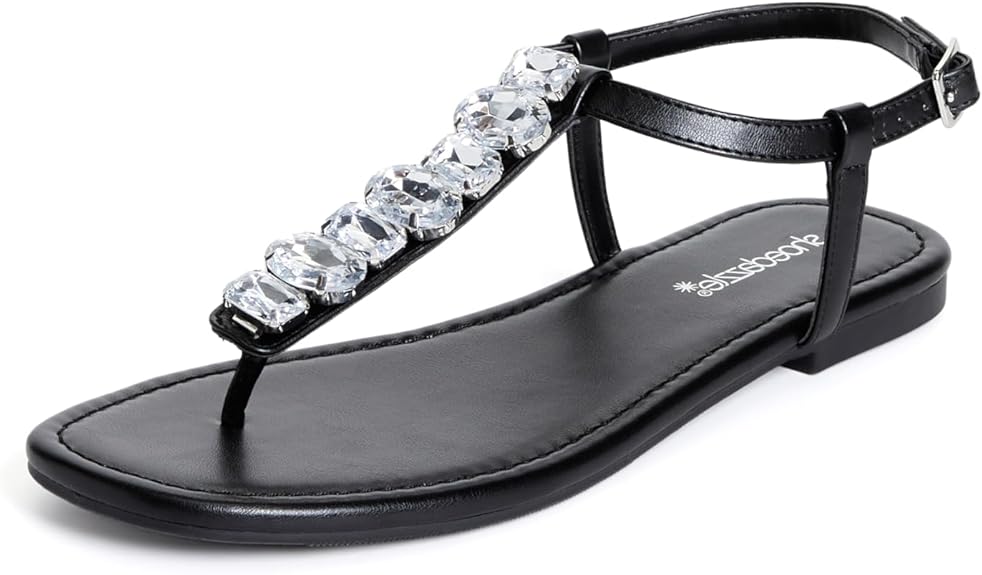 JustFab Women's Rhinestone Flat Rhinestone Sandals Flip Flop T-Strap Thong Flat for Summers