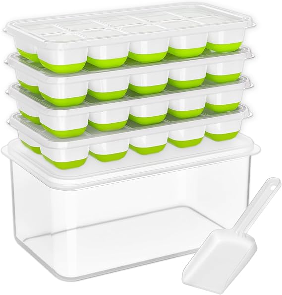 DOQAUS Ice Cube Tray with Lid and Bin, 4 Pack Silicone Plastic Ice Cubes Trays for Freezer with Box/Container, Stackable with Storage Iced Bucket Kits, Scoop, for Soup, Food, Cocktail, Coffee