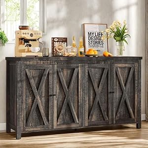 DWVO 55 Sideboard Buffet Cabinet with Storage Farmhouse Kitchen Storage Cabinet with 4 Doors Large Coffee Bar Cabinet with Adjustable Shelves for Kitchen Living Room Dark Oak