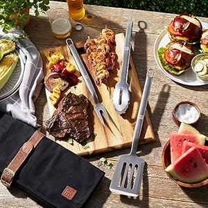   ZWILLING-BBQ-4-pc-Grill-Tool-Set-BBQ-accessories-Grilling-Gift-Set-Set-Includes-Grill-Spatula-Grill-Tongs-Grill-Fork-and-Chefs-Tool-Wrap-Stainless-Steel-Dishwasher-Safe