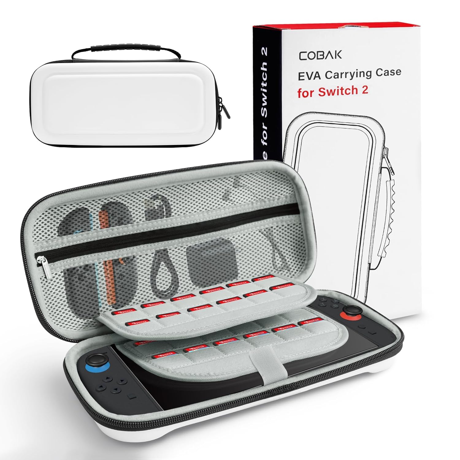 CoBak Large Capacity Carrying Case for Nintendo Switch 2 ( 2025 ) , Ultra Slim Premium EVA Travel Pouch with 24 Game Cartridges, Screen Protective Cover, Accessories Storage Bag, White