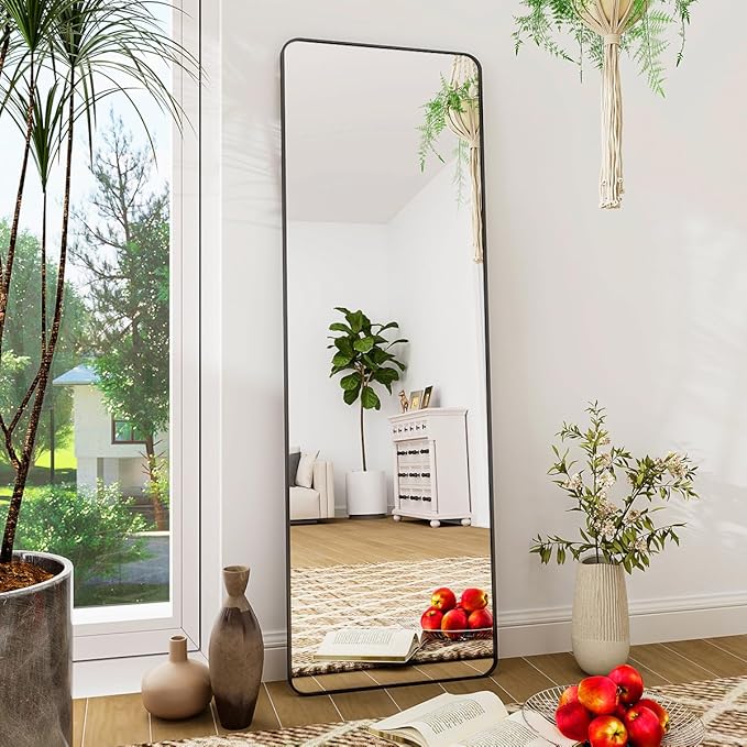 BEAUTYPEAK Mirror Full Length, 59"x16" Floor Mirror,Rounded Corner Full Body for Bedroom Mirror Standing,Leaning or Hanging, Standing Metal Framed Mirror for Living Room Bathroom,Black