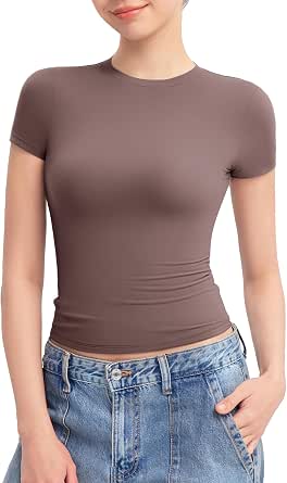 PUMIEY Women's Crew Neck Short Sleeve Tops Double Lined Slim Fit T Shirts Basic Tee Smoke Cloud Pro Collection