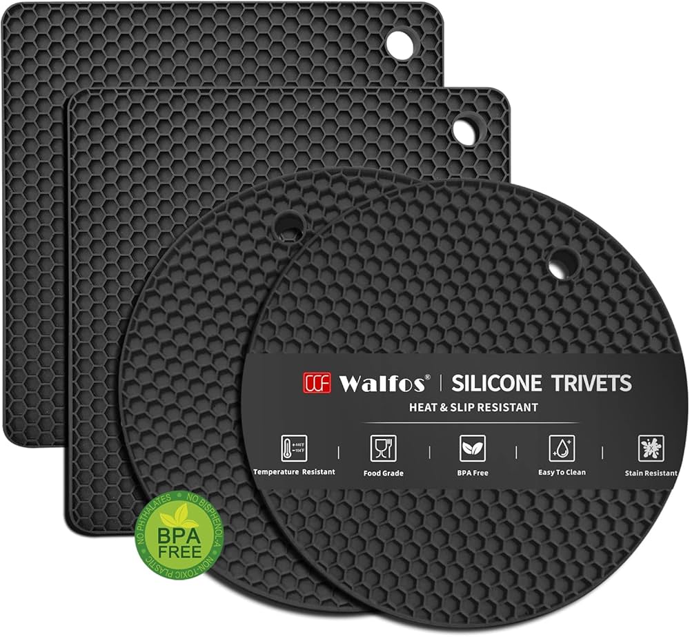 Walfos Silicone Trivet Mats - 4 Heat Resistant Pot Holders, Multipurpose Non-Slip Hot Pads for Kitchen Potholders, Hot Dishers, Jar Opener, Spoon Holder, Food Grade Silicone & BPA Free (Black)
