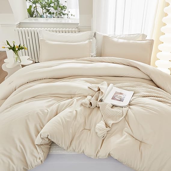 Litanika Queen Comforter Set Beige, 3 Pieces Lightweight Solid Bedding Comforter Set, Down Alternative Comforter All Season Fluffy Bed Set Gift Choice