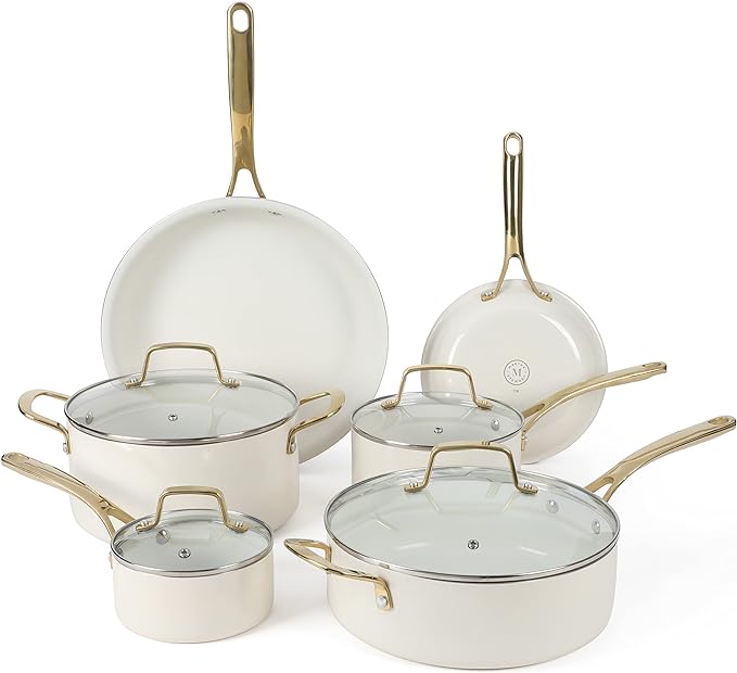 Martha Stewart Lockton Premium Nonstick PFA Free Ceramic Interior 10 Piece Heavy Gauge Enamel Aluminum Pots and Pans Cookware Set - Linen White w/Gold Handle