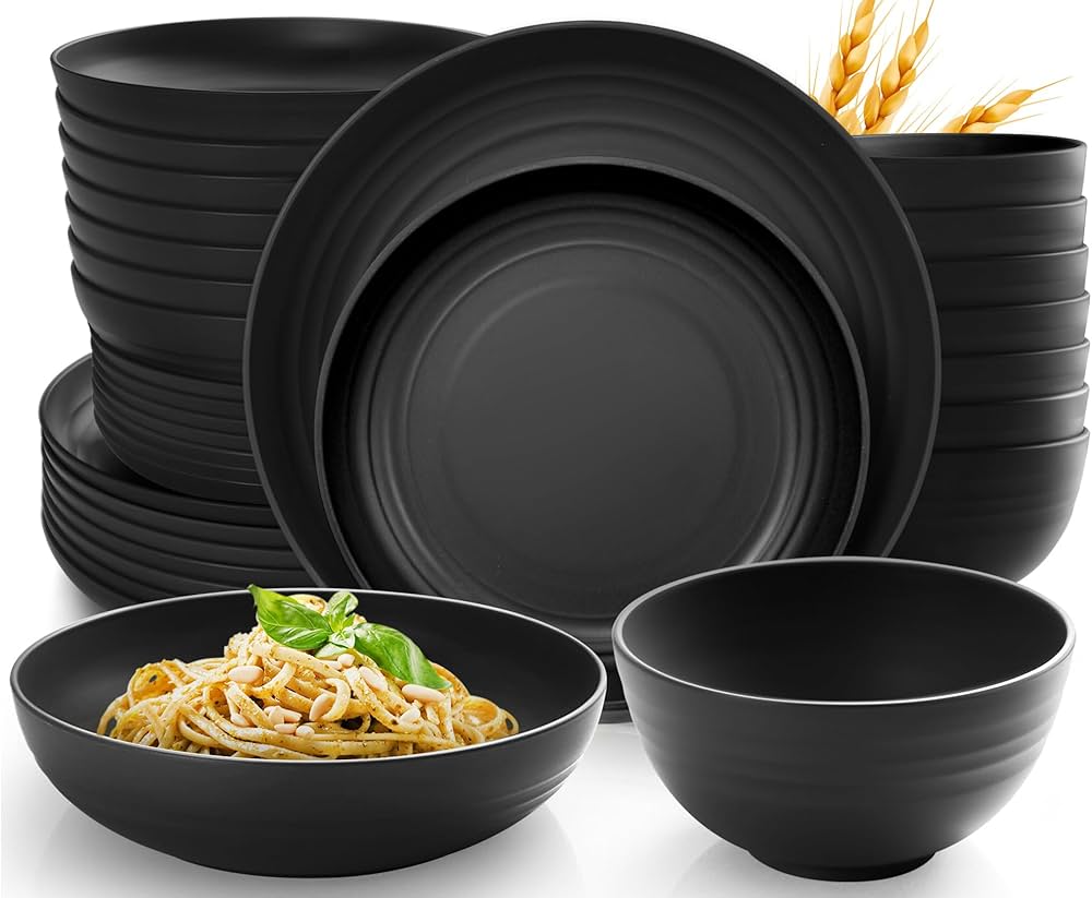 Teivio 32-Piece Kitchen Plastic Wheat Straw Dinnerware Set, Service for 8, Dinner Plates, Dessert Plate, Cereal Bowls, Pasta Bowls, Unbreakable Outdoor Camping Dishes, Black
