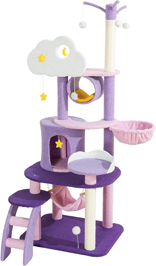 Lucky Monet Cute Cat Tower 65 Inches, Unique Cat Tree Large Tall for Indoor Cats, Purple Pink Cloud Big Cat Tree Cat Castle Mansion Condo for Large Cats Cat Activity Trees with Scratching Post Hammock