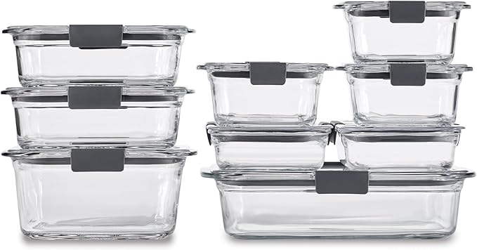 Rubbermaid® Brilliance® Glass Food Storage Containers, Set of 9 Food Containers with Lids (18 Pieces Total), BPA Free and Leak Proof