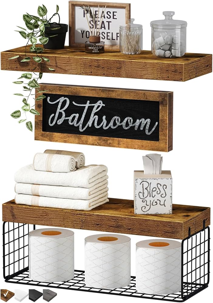 QEEIG ‎Bathroom Shelves Over Toilet Paper Storage - Farmhouse Decor Decorations Aesthetic Décor Sign Small Floating Wall Shelf 2+1 Set 16 inch, Rustic Brown (020BN)