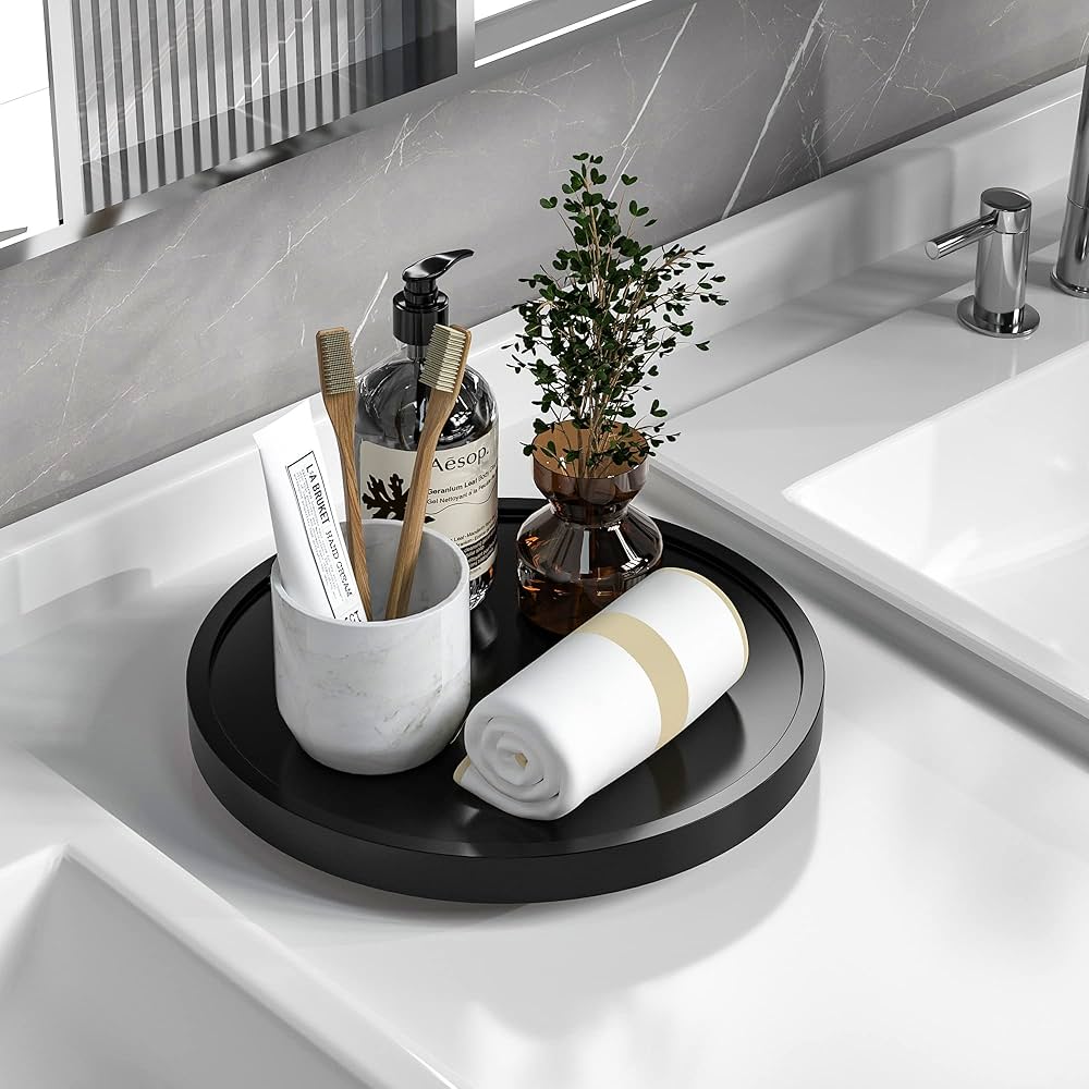 Turntable Vanity Tray 10 Inch for Perfume Candle, Bamboo Kitchen Sink Countertop Organizer for Keep glass, Sponge and Soap Bathroom Countertop Organizer Coffee Table Decorative Tray Black