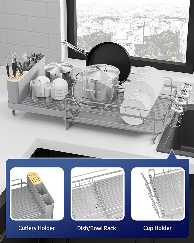 Kitsure Large Dish Drying Rack - Extendable Dish Rack, Multifunctional Dish Rack for Kitchen Counter, Anti-Rust Dish Drainers with Cutlery & Cup Holders 19.2"-26.7" L x 12.9" W, Black