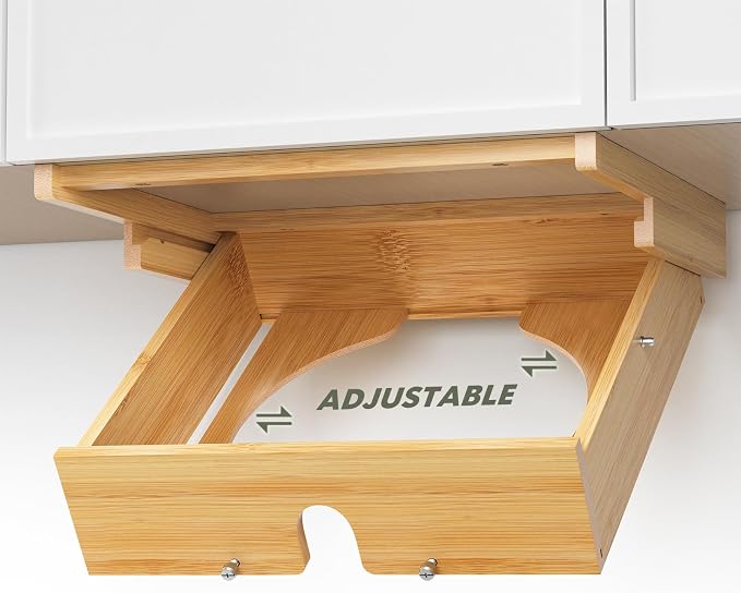 Paper Plate Dispenser Under Cabinet - Adjustable 10 Inch Paper Plate Holders, Natural Bamboo Disposable Plate Storage Organizer Kitchen Countertop Caddy for 8/8.5/9/9.5/10 inch Plastic Plates