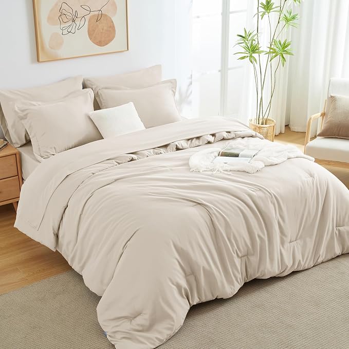 CozyLux Queen Comforter Set Beige, 7 Pieces Bed in a Bag Soft Bedding Comforter Set with Sheets, All Season Boho 7PC Bed Sets with Comforter, Fitted Sheets, Flat Sheets, Pillow Shams and Pillowcases