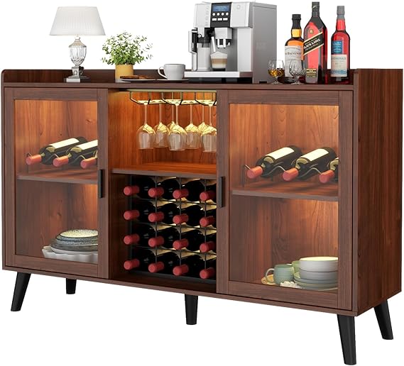 Amazon.com: Auromie Wine Bar Cabinet with Led Light, Home Coffee Cabinet with Wine and Glass Rack, Kitchen Buffet Sideboard with Storage Shelves, Freestanding Liquor Cabinet for Living Room, Dining Room (Walnut) : Home & Kitchen