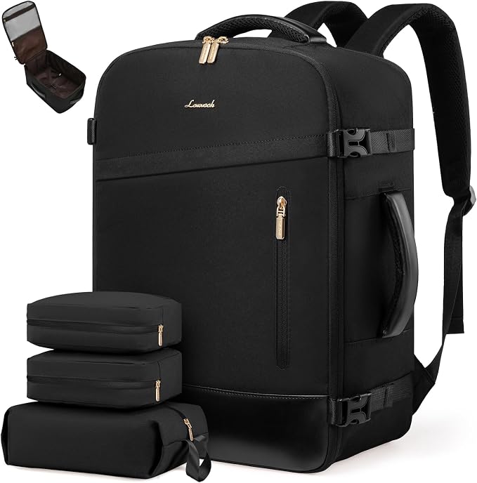 LOVEVOOK Travel Backpack For Women/Men, 40L Carry On Backpack, Flight Approved Personal Item Travel Bag, Travel Essentials Water Resistant Daypack Weekender Bag Fits 17" Laptop With 3 Cubes, Black