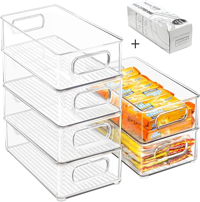 Stackable Refrigerator Organizer Bins, 6 Pack Clear Kitchen Organizer