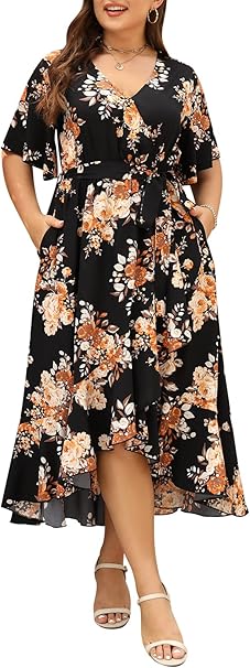 Keluummi Plus Size Wedding Guest Maxi Dress for Curvy Women, Summer Casual Boho Floral Long Wrap Dress with Sleeve and Pocket