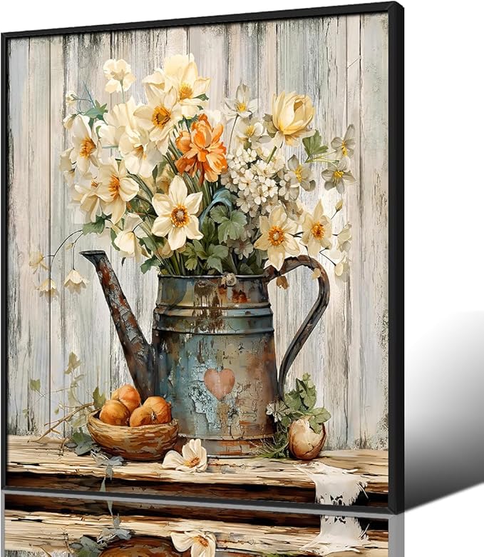 Botanical Yellow Flowers Canvas Wall Art, Rustic White Florals