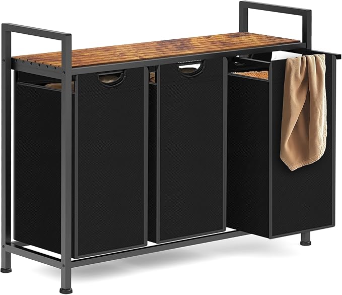 Laundry Hamper, Laundry basket with 3 Pull-Out Removable Oxford Fabric Bags Cloth Laundry Sorter 3 x 10 Gallons (Black and Rustic Brown)