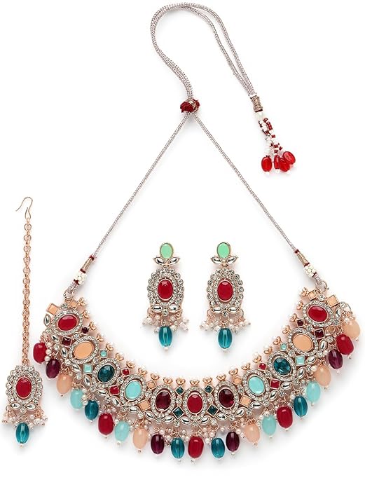 Sukkhi Bright Gold Plated Green Ad Stones With Drop Beads Studded Choker Necklace Set For Women