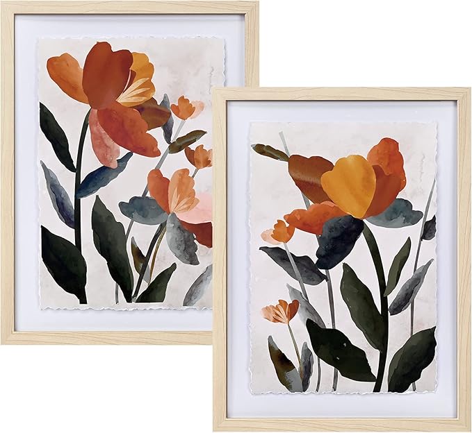 Framed Vintage Floral Wall Art Set with Neutral Red Flower