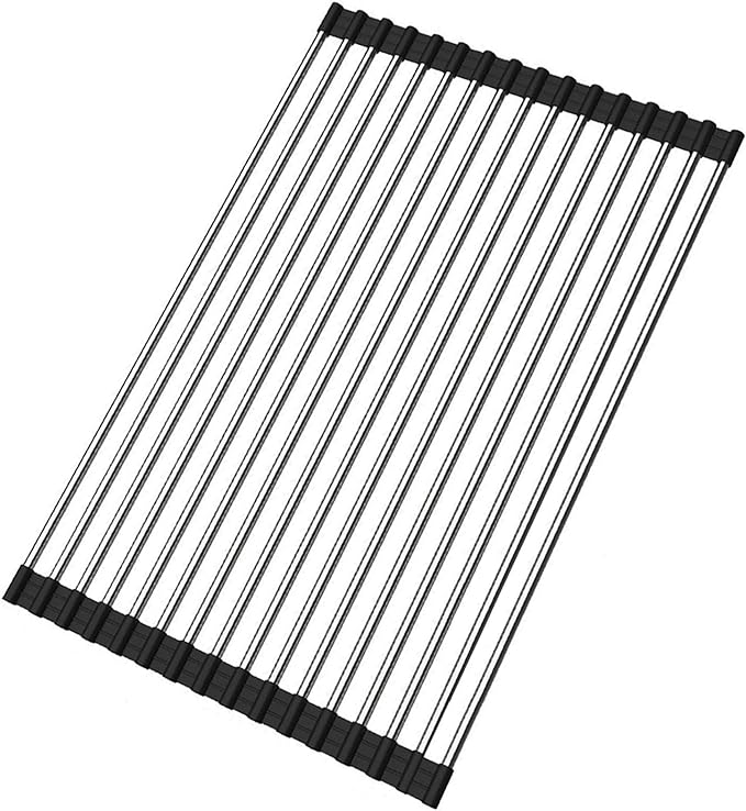 Ahyuan Roll up Dish Drying Rack Over The Sink Kitchen Roll up Sink Drying Rack Stainless Still Portable Drainer Foldable Dish Rack (Black, 17.8''X11.8'')