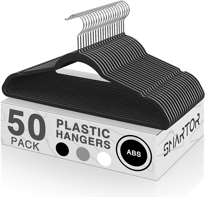 SMARTOR Plastic Hangers 50 Pack, Heavy Duty Plastic Hangers for Clothes - Non-Velvet Slim Hangers with 360° Swivel Hook & Clothes Thin Hangers - Durable Coat Hangers, Space Saving Hangers - Black