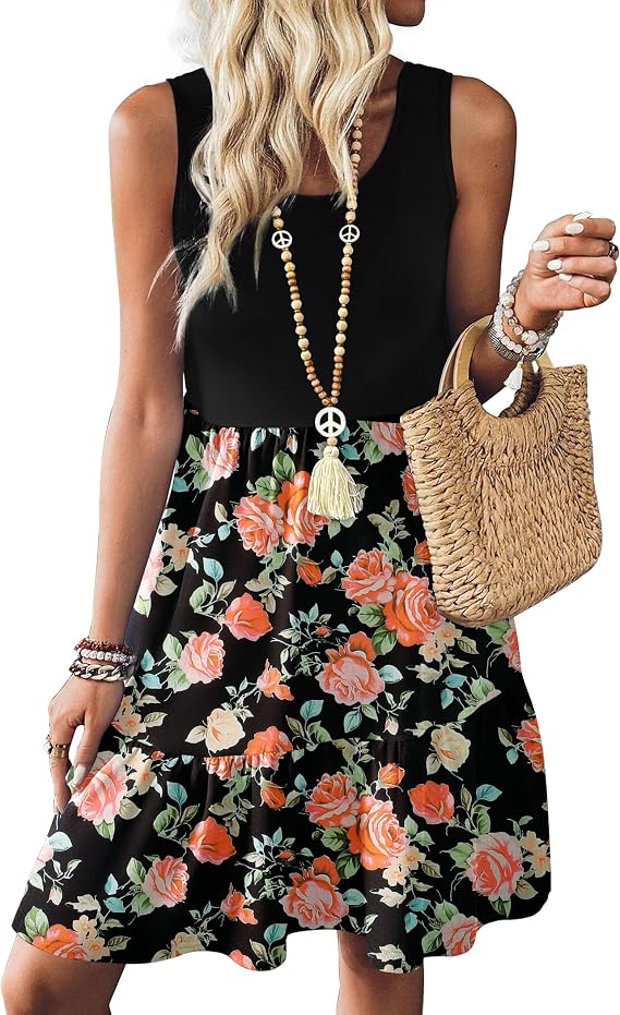 Zeagoo Women Summer Dresses Sleeveless Casual Tank Dress Flowy Tiered Short Beach Dresses Womens Sundress with Pockets