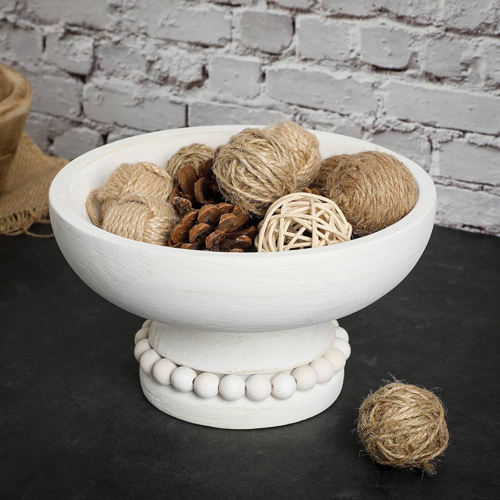 Amyhill Distressed Beaded Wood Pedestal Bowl Decorative Wooden Beaded Bowl Wood Pedestal Bowl Beaded Serving Bowl for Farmhouse Kitchen Decor (White)