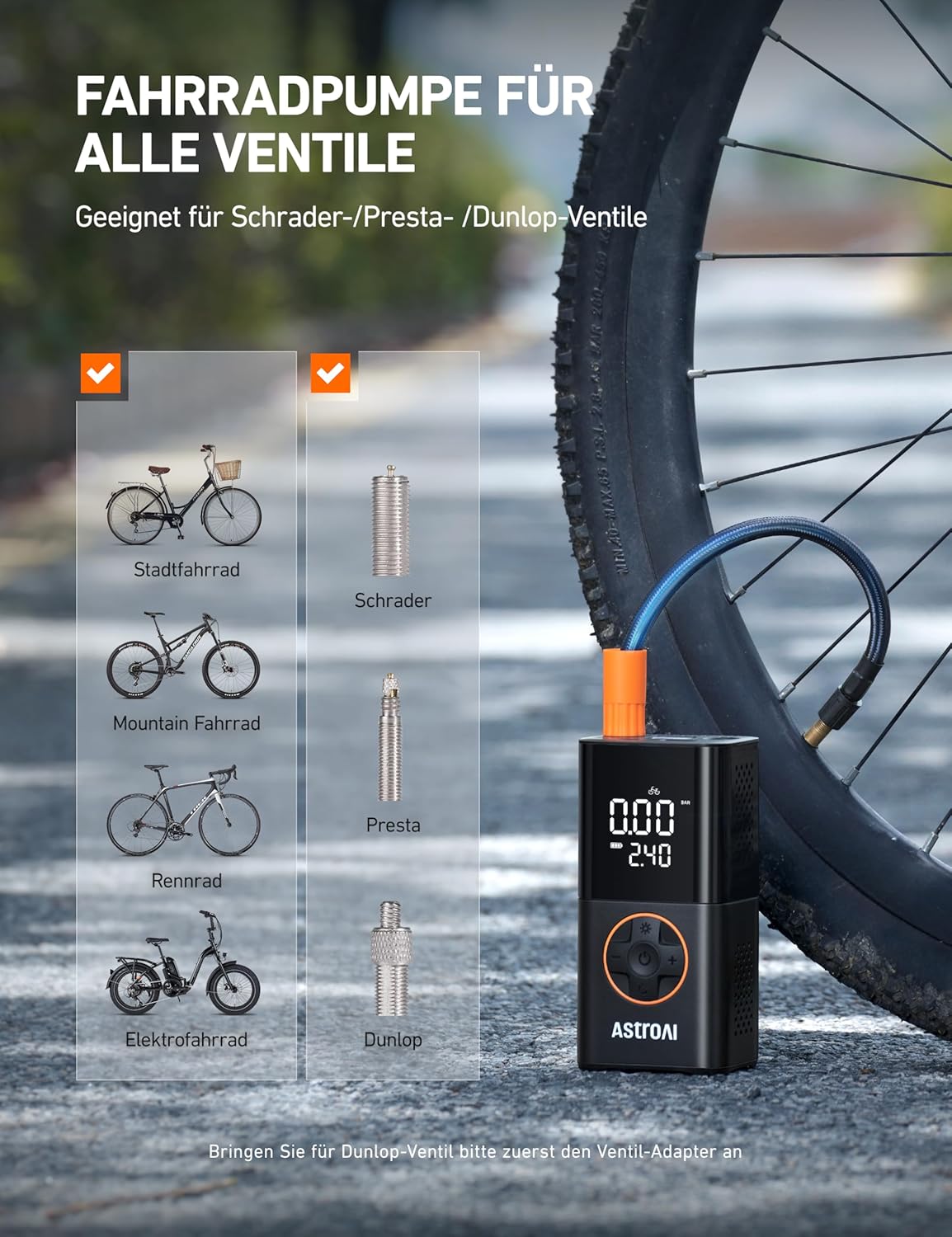 AstroAI L7 Kabelloser Elektrische Luftpumpe, Tragbare Akku Fahrradpumpe mit alle ventile