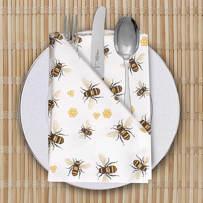 The Urban Villa Harvest Dinner Napkins are a set of 12 premium quality cloth napkins designed with an attractive honey bee print. Made from 100% cotton, these oversized napkins measure 20x20 inches and are perfect for adding a touch of sophistication to your dinner table. The napkins feature mitered corners, adding to their overall elegant appearance.