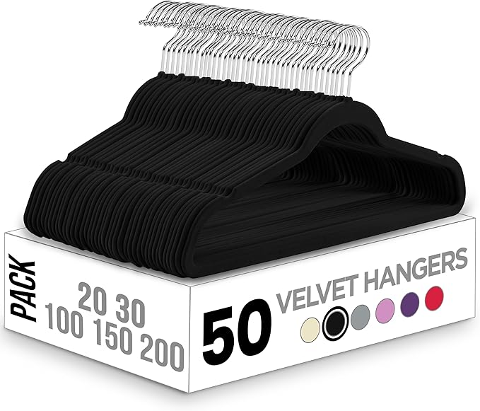 Utopia Home Velvet Hangers 50 Pack - Non-Slip Clothes Hanger Black with 360 Degree Rotatable Hook - Heavy Duty Coat Hanger - Pants Hangers