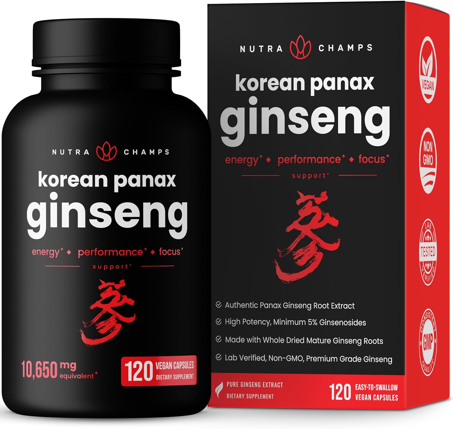 NutraChamps Korean Red Panax Ginseng 1000mg - 120 Vegan Capsules Extra Strength Root Extract Powder Supplement w/ High Ginsenosides for Energy, Mental & Sexual Health Pills for Men & Women
