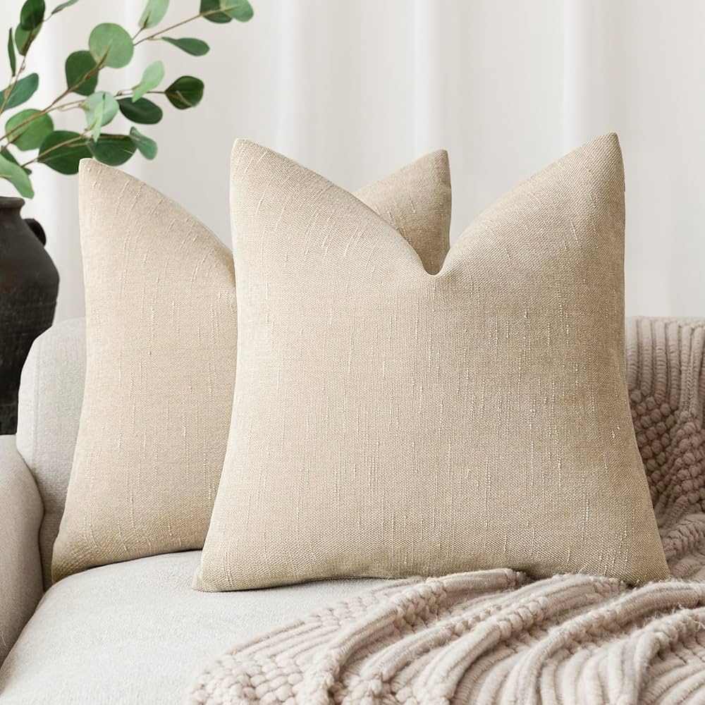 Foindtower Pack of 2 Soft Textured Throw Decorative Pillow Covers Square Accent Solid Cushion Cover Cozy Neutral Farmhouse Pillow Case for Couch Sofa Bedroom Living Room 18x18 Inch, Beige