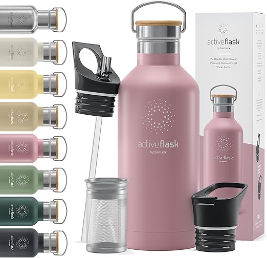 BeMaxx Stainless Steel Water Bottle with Straw, Infuser & 3 Lids: 18/32 OZ Leak-Proof Vacuum Insulated ACTIVE FLASK Drinking Bottles Hot Cold: Double Walled Outdoor Drink Thermo Mug
