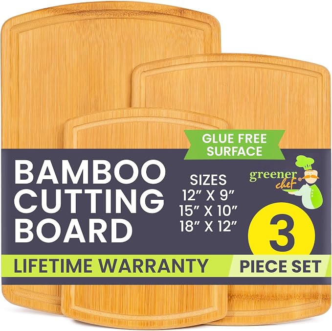 Greener Chef No Glue Bamboo Cutting Board Set of 3 with Lifetime Replacements - 62% More Cutting Area - Single-Piece