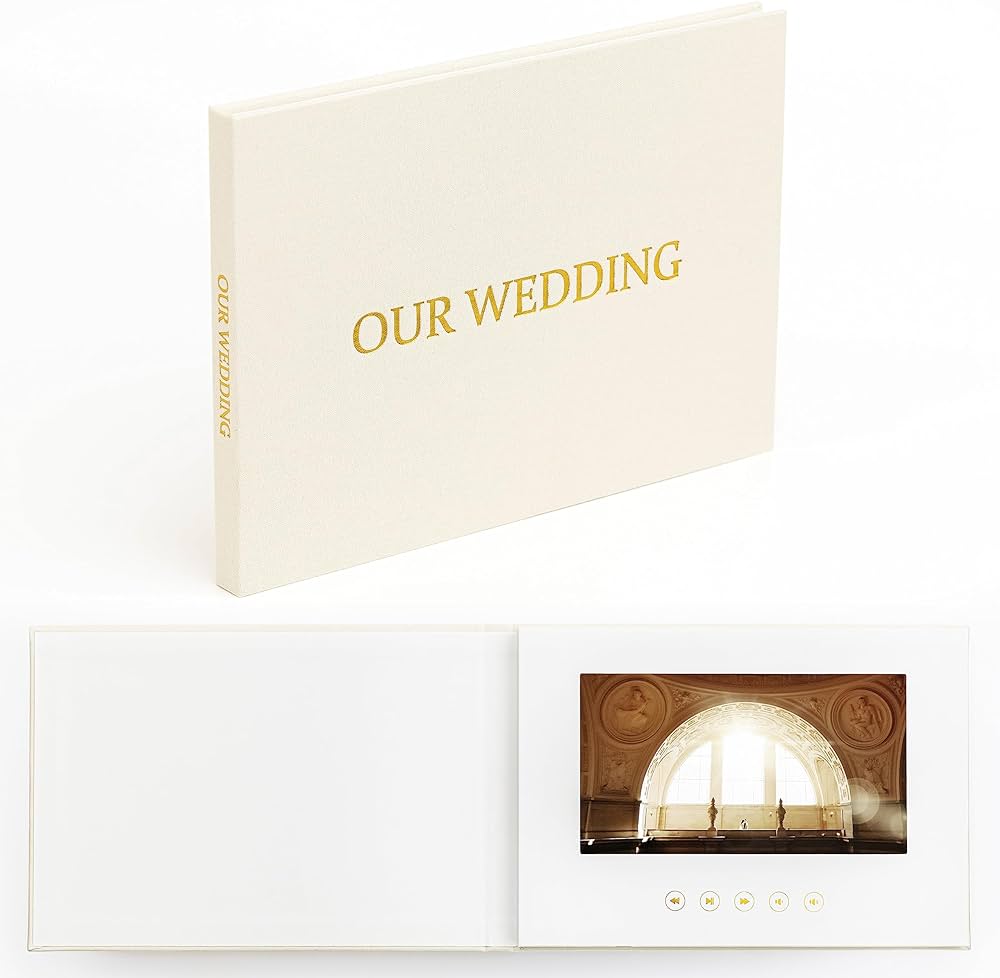 The Motion Books (OUR WEDDING - GOLD FOIL) | Luxury Linen Bound Wedding Video Book | Gold foil stamping | Up to 3 hours of video, 7” IPS Display, 4GB of memory & Rechargeable Battery