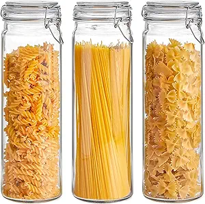 ComSaf 60oz Airtight Glass Jars Set of 3 with Lids Food Storage Jar Round - Tall Spaghetti Container with Clear Preserving Seal Wire Clip Fastening, Pasta jar for Kitchen Canning, Nut,Oat, Dry Goods