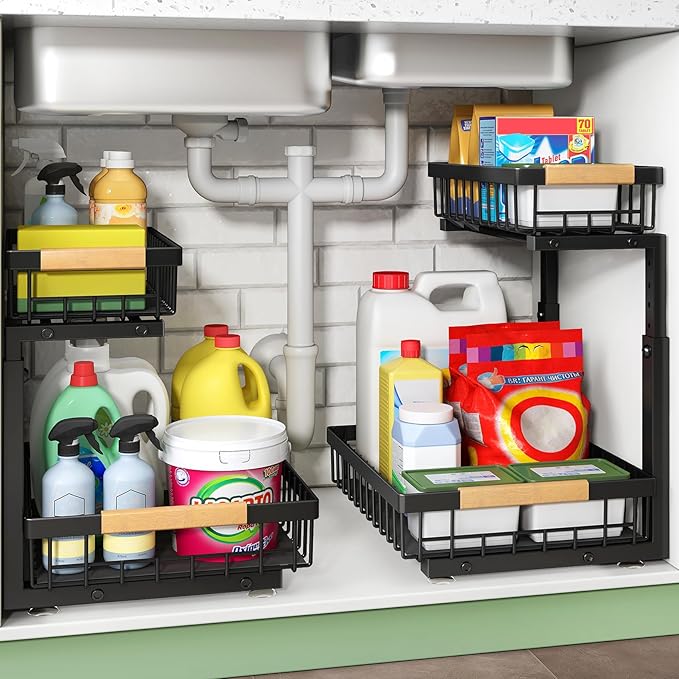 Pull out Cabinet Organizer, 1 Pack Under Sink Organizer, Slide out Metal Kitchen Cabinet Organizers Drawer Shelf, Sliding Storage Shelves for Kitchen Bathroom Pantry Closet Organization Rack(White)
